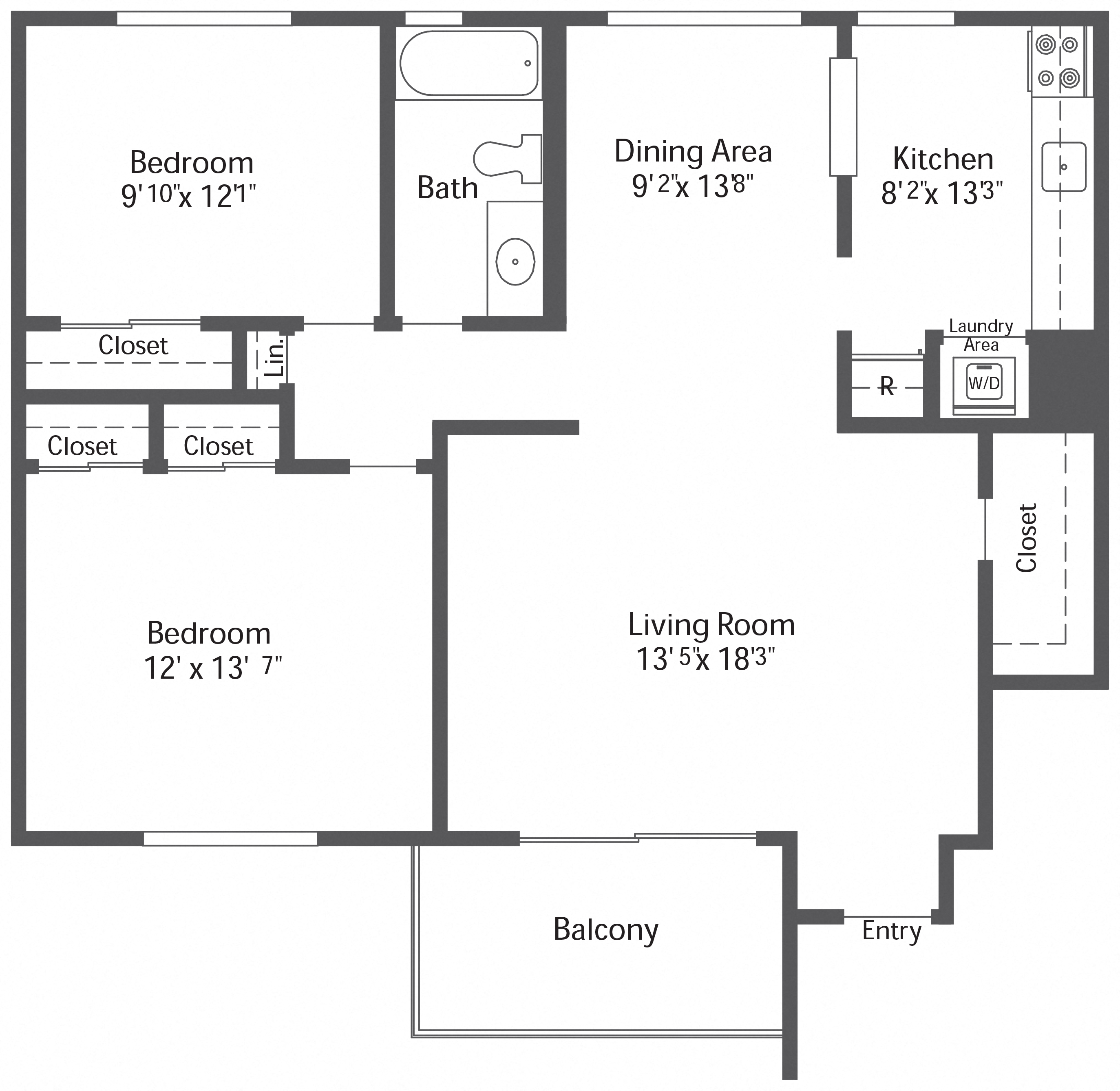 Floor plan for 2 beds, 1 bath, 960 sqft